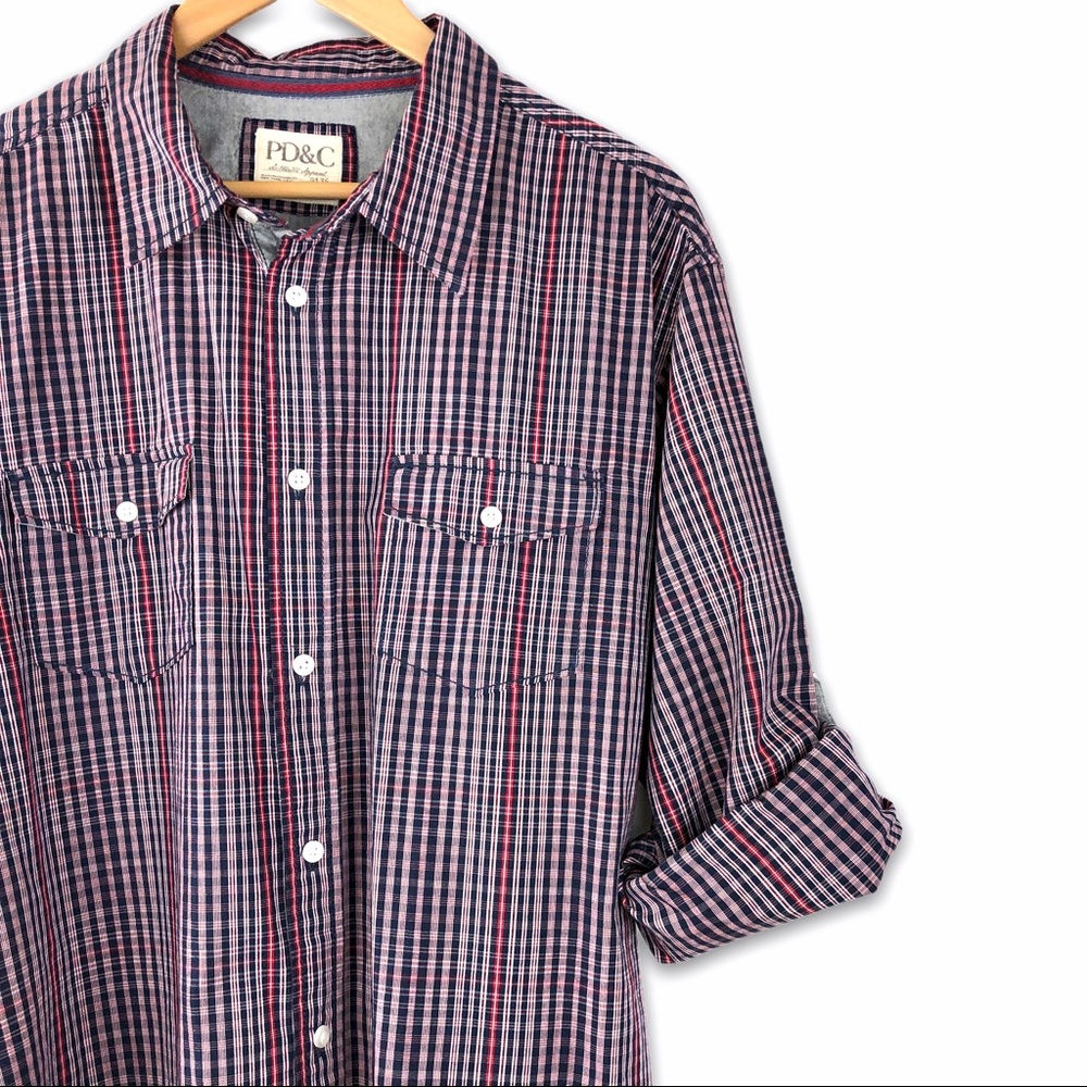 PD&C Navy Blue, Red & White Plaid Button Down XXL